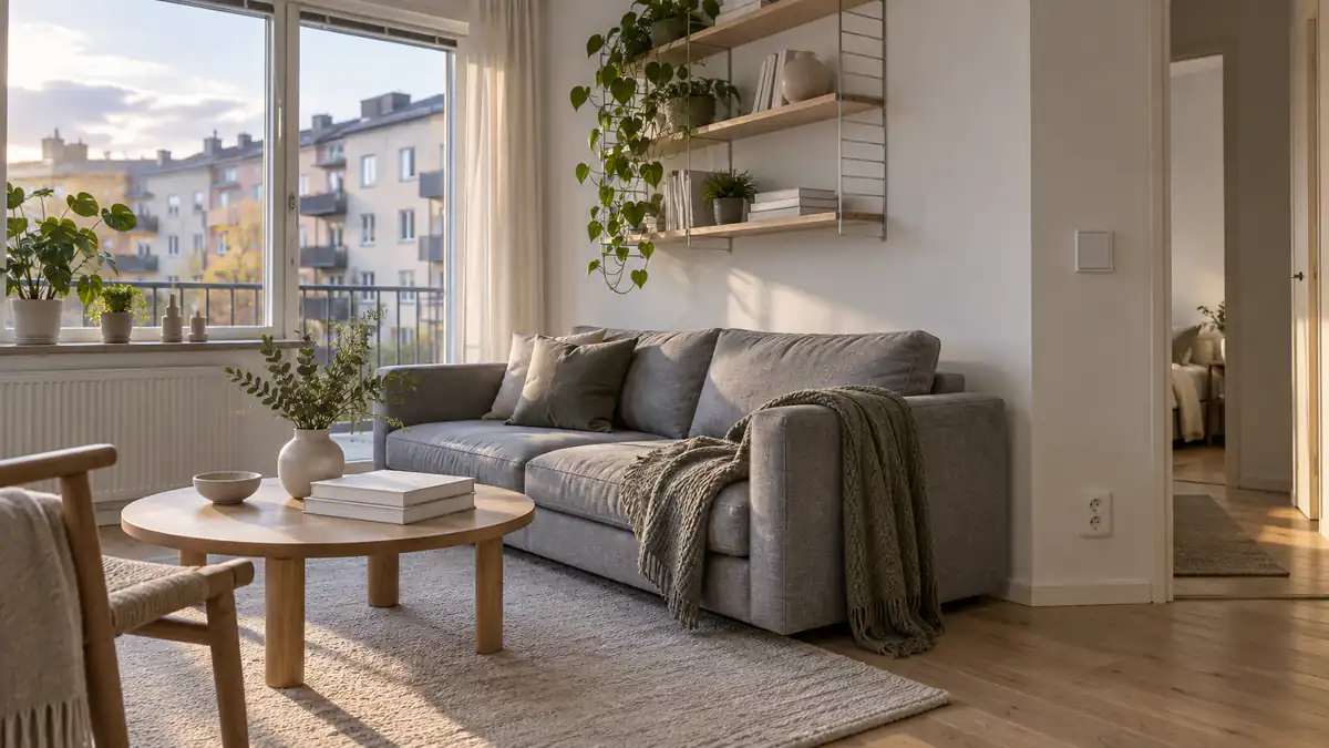 Ljus svensk lägenhet med soffa och fönster mot grannhusen i eftermiddagsljus
