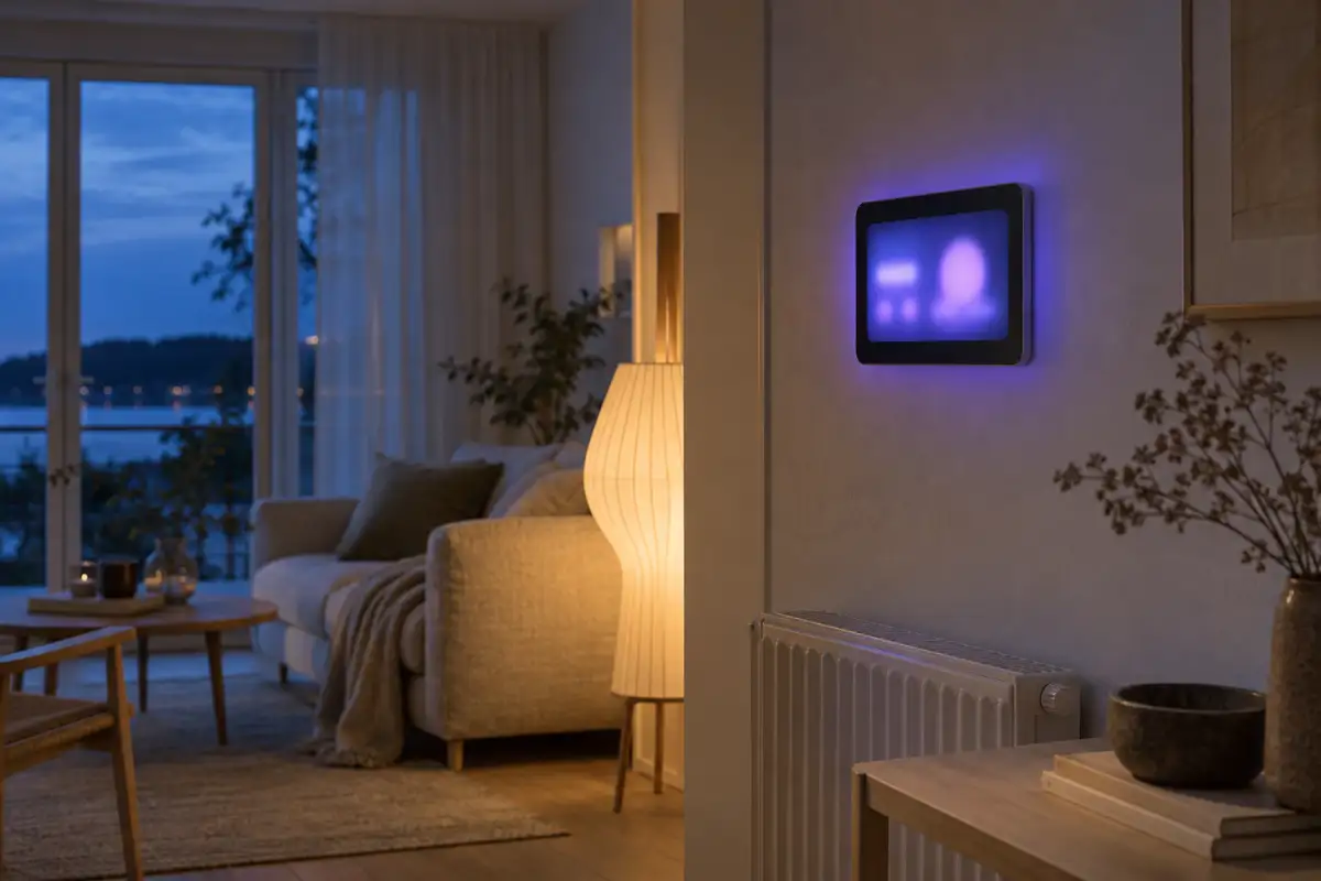 Smart energipanel på väggen i ett svenskt vardagsrum