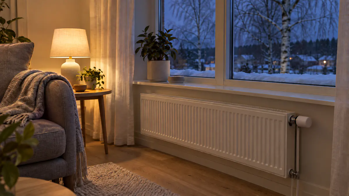 Vardagsrum med radiator under fönstret en svensk vinterkväll