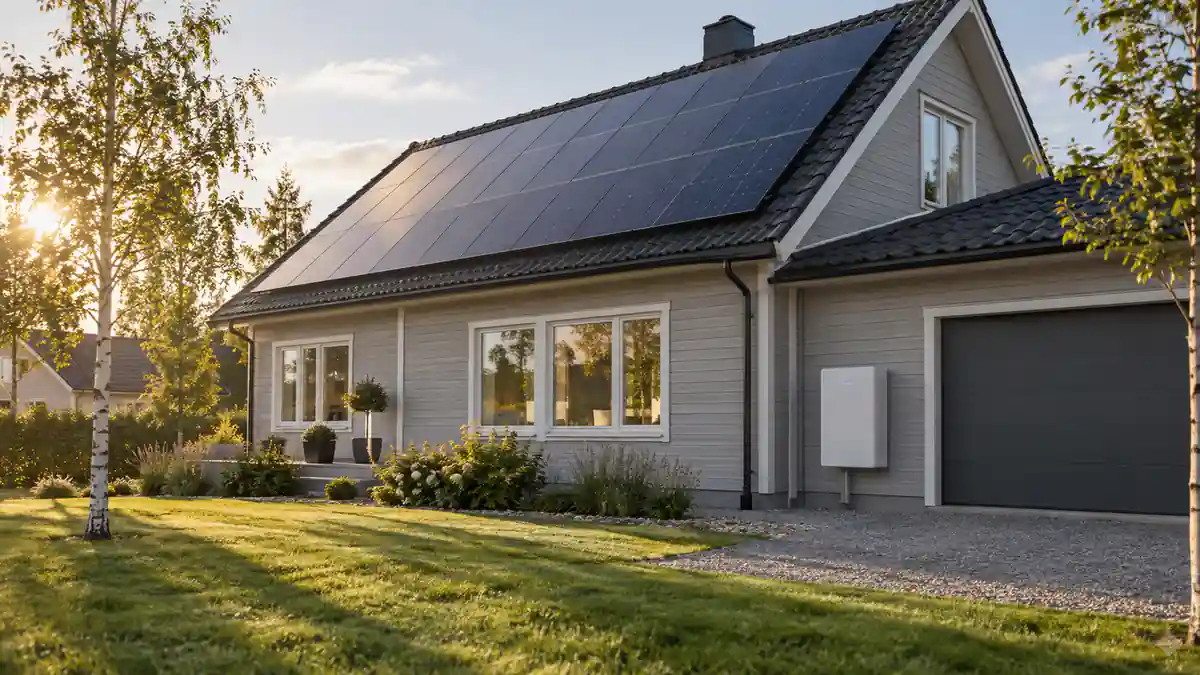 Svensk villa med solceller på taket och ett väggmonterat hembatteri vid garaget i eftermiddagsljus