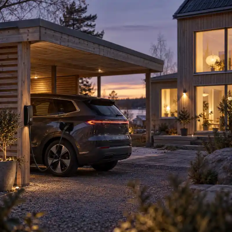 Elbil laddar under carport vid ett svenskt hus i skymning